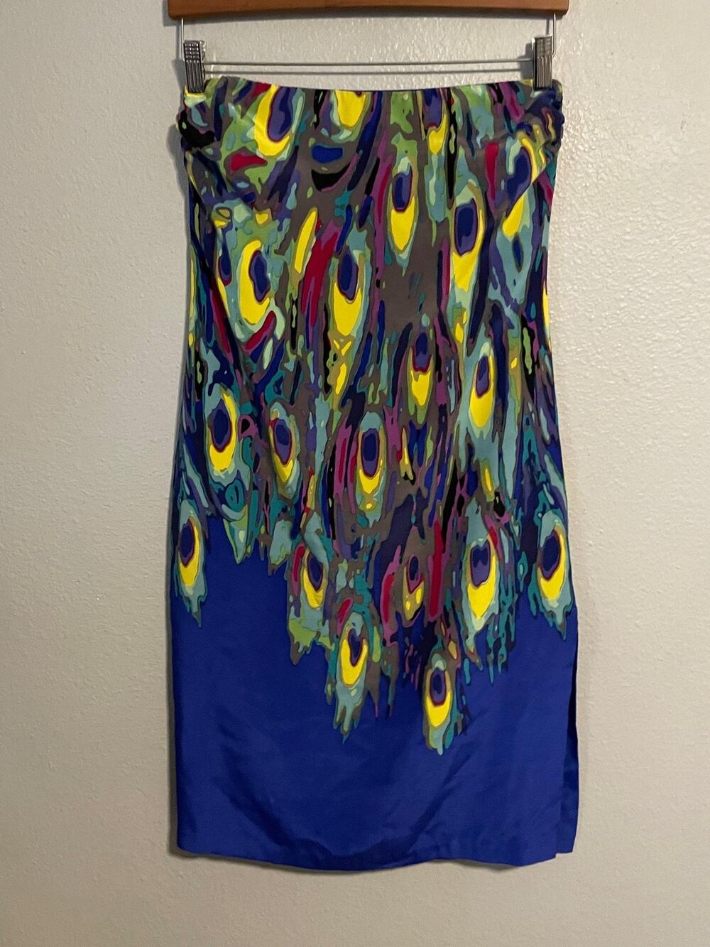 Trina Turk Womens Dress Size 4 Colorful Peacock Silk Satin Strapless Artsy